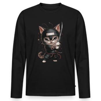 Chat ninja avec une épée en action - Mignon - T-shirt manches longues Premium bio Homme - noir - Devant - Nico (187cm)