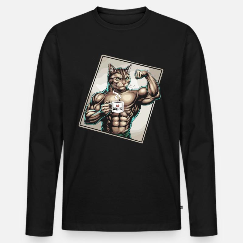 Kraftvolle Katze Mit Kaffee - Männer Premium Bio Langarmshirt - Schwarz