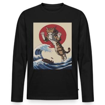 Cat Wave Art – Japanese Inspired Illustration - Men's Premium Organic Long Sleeve Shirt - black - Front - Nico (187cm)