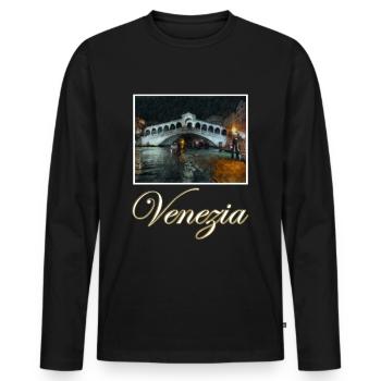 Venise Pont du Rialto Nuit Bateau Art Peinture - T-shirt manches longues Premium bio Homme - noir - Devant - Nico (187cm)