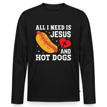 Les hot-dogs et Jésus, un péché de goût ! - T-shirt manches longues Premium bio Homme - noir - Devant - Nico (187cm)
