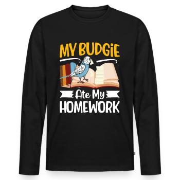 My budgie has eaten the homework - Men's Premium Organic Long Sleeve Shirt - black - Front - Nico (187cm)