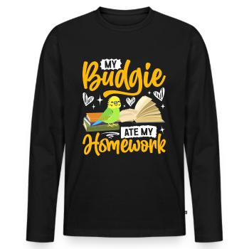 My budgie has eaten the homework - Men's Premium Organic Long Sleeve Shirt - black - Front - Nico (187cm)