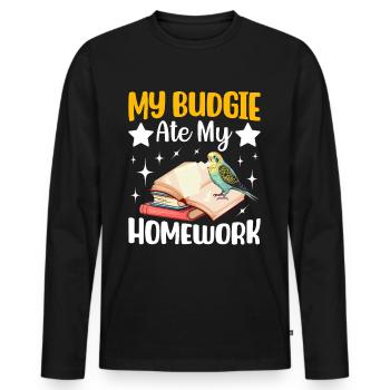 My budgie has eaten the homework - Men's Premium Organic Long Sleeve Shirt - black - Front - Nico (187cm)