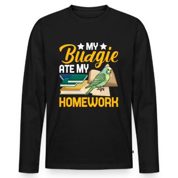 My budgie has eaten the homework - Men's Premium Organic Long Sleeve Shirt - black - Front - Nico (187cm)