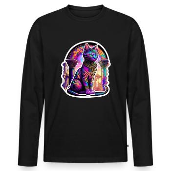 Egypte Chat Psychédélique - T-shirt manches longues Premium bio Homme - noir - Devant - Nico (187cm)
