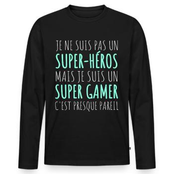 Super gamer humour gaming cadeau geek jeux vidéo - T-shirt manches longues Premium bio Homme - noir - Devant - Nico (187cm)