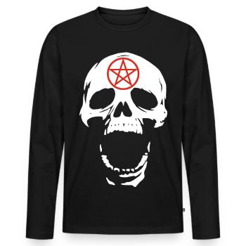 Crâne blanc et pentagramme rouge - T-shirt manches longues Premium bio Homme - noir - Devant - Nico (187cm)