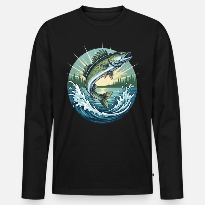 Springender Zander - Männer Premium Bio Langarmshirt - Schwarz