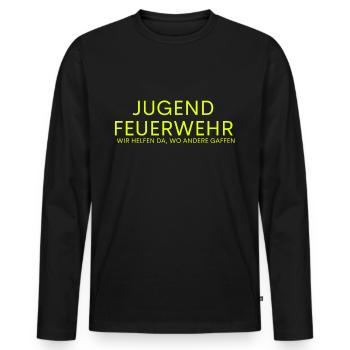 Jugend Feuerwehr - Wir helfen - Männer Premium Bio Langarmshirt - Schwarz - Vorne - Nico (187cm)