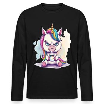 A angry looking unicorn, holding a cup of coffee - Men's Premium Organic Long Sleeve Shirt - black - Front - Nico (187cm)