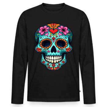 Herz und floraler Zuckerschädel – Festliches Kunstwerk - Männer Premium Bio Langarmshirt - Schwarz - Vorne - Nico (187cm)