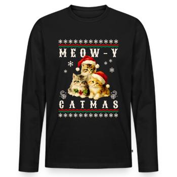 Retro Christmas Kitten Meow Catmas - Men's Premium Organic Long Sleeve Shirt - black - Front - Nico (187cm)