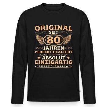 80. Geburtstag Absolut Einzigartig seit 80 Jahren - Männer Premium Bio Langarmshirt - Schwarz - Vorne - Nico (187cm)