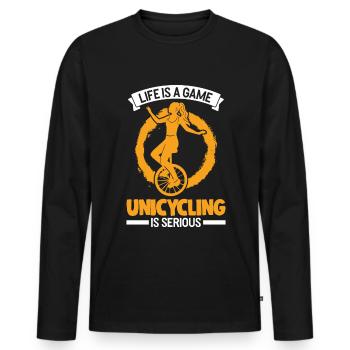 Life is a game Unicycling is serious Einrad - Männer Premium Bio Langarmshirt - Schwarz - Vorne - Nico (187cm)