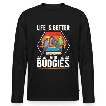 Life is better with Budgies Budgies Budgie - Men's Premium Organic Long Sleeve Shirt - black - Front - Nico (187cm)