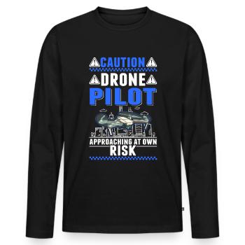 Attention Drones pilotes de drones révisés - T-shirt manches longues Premium bio Homme - noir - Devant - Nico (187cm)