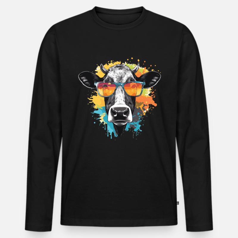 Kuh mit Sonnenbrille - Männer Premium Bio Langarmshirt - Schwarz