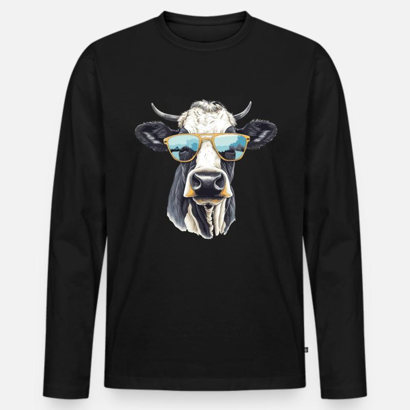 Kuh mit Sonnenbrille - Männer Premium Bio Langarmshirt - Schwarz