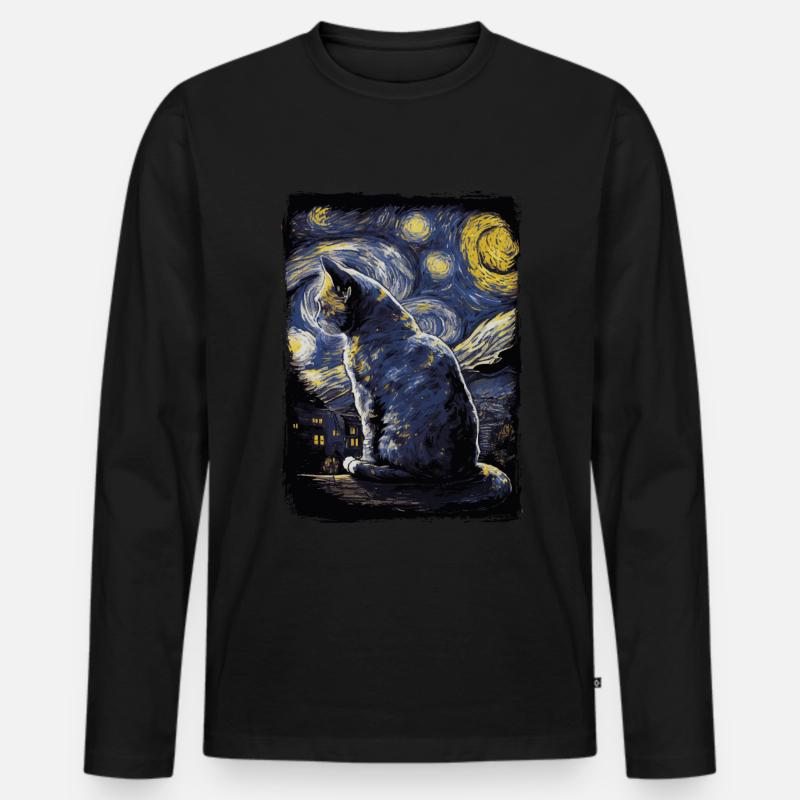 Katze Starry Night - Männer Premium Bio Langarmshirt - Schwarz