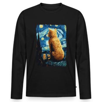 Chat Nuit étoilée - T-shirt manches longues Premium bio Homme - noir - Devant - Nico (187cm)