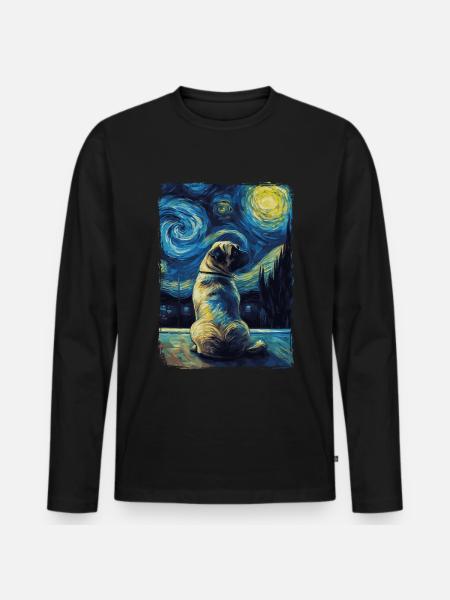 Mops Starry Night - Männer Premium Bio Langarmshirt - Schwarz