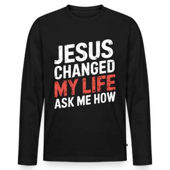 Jesus changed my life! Christian - Men's Premium Organic Long Sleeve Shirt - black - Front - Nico (187cm)