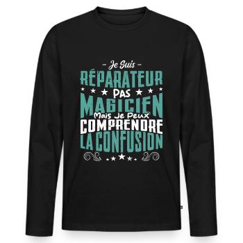 Je Suis réparateur Pas Magicien - T-shirt manches longues Premium bio Homme - noir - Devant - Nico (187cm)