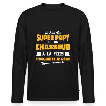 Un Super Papy Et Un Chasseur | Papy Chasseur - T-shirt manches longues Premium bio Homme - noir - Devant - Nico (187cm)