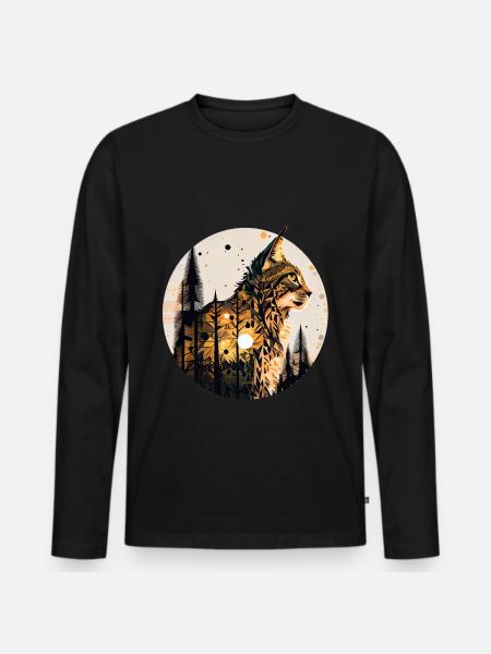 Lynx with moon in the forest with pattern - Men's Premium Organic Long Sleeve Shirt - black
