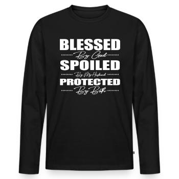 Blessed by God Spoiled by My Husband Protected By - Männer Premium Bio Langarmshirt - Schwarz - Vorne - Nico (187cm)