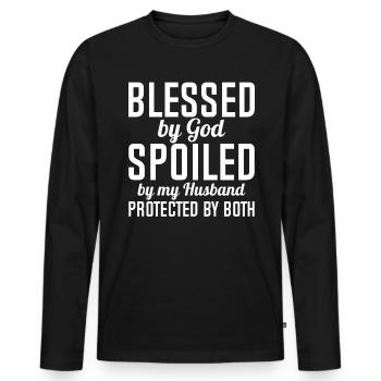 Blessed by God Spoiled by My Husband Protected By - Männer Premium Bio Langarmshirt - Schwarz - Vorne - Nico (187cm)