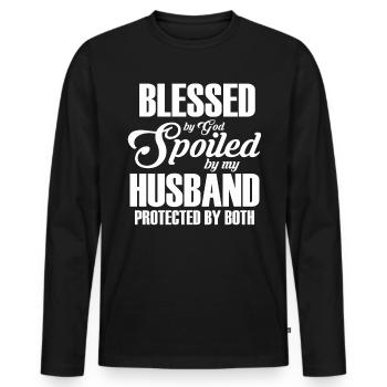 Blessed by God Spoiled by My Husband Protected By - Männer Premium Bio Langarmshirt - Schwarz - Vorne - Nico (187cm)