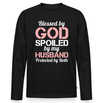 Blessed by God Spoiled by My Husband Protected By - Männer Premium Bio Langarmshirt - Schwarz - Vorne - Nico (187cm)