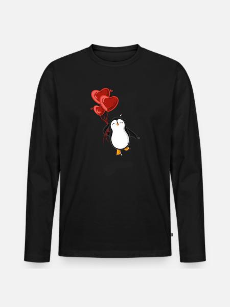 Pinguin mit Herz Luftballons - Männer Premium Bio Langarmshirt - Schwarz