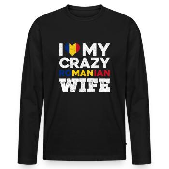 Mens roumain impression | J’aime mon roumain fou - T-shirt manches longues Premium bio Homme - noir - Devant - Nico (187cm)