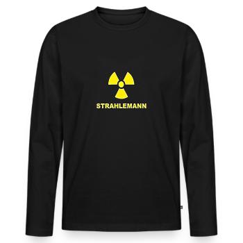 STRAHLEMANN WITZIGER SPRUCH ATOM RADIOAKTIV PARTY - Männer Premium Bio Langarmshirt - Schwarz - Vorne - Nico (187cm)