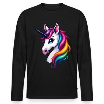 Rainbow Hair Unicorn Head – Colorful Fantasy - Men's Premium Organic Long Sleeve Shirt - black - Front - Nico (187cm)