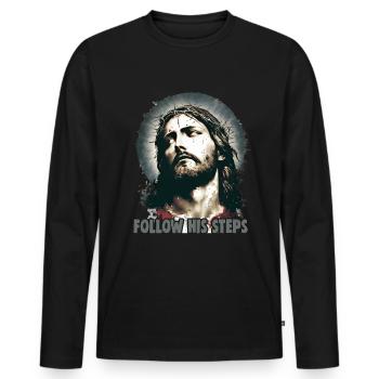 Christliche Zitate Designs Follow His Steps - Männer Premium Bio Langarmshirt - Schwarz - Vorne - Nico (187cm)