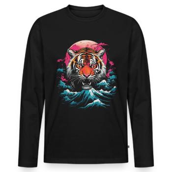 Clair De Lune, Tigre, Chinois, Japonais, Chine - T-shirt manches longues Premium bio Homme - noir - Devant - Nico (187cm)
