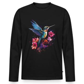 Colibri oiseau Floral oeuvre - T-shirt manches longues Premium bio Homme - noir - Devant - Nico (187cm)
