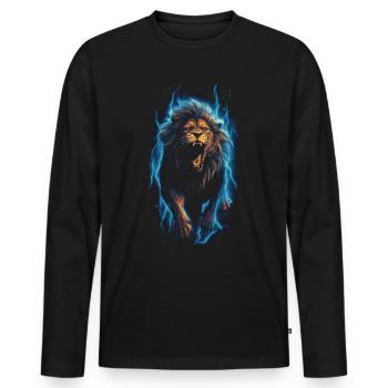 Lion, Feu, Bleu, Mâle - T-shirt manches longues Premium bio Homme - noir - Devant - Nico (187cm)