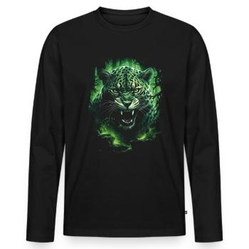 Fantaisie, Jungle Verte, Chat Sauvage, Forêt Tropicale - T-shirt manches longues Premium bio Homme - noir - Devant - Nico (187cm)