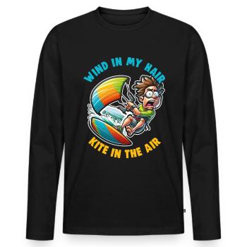 Kitesurfing Wind in my hair kite in the air - Men's Premium Organic Long Sleeve Shirt - black - Front - Nico (187cm)