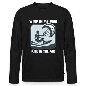 Kitesurfing Wind in my hair kite in the air - Men's Premium Organic Long Sleeve Shirt - black - Front - Nico (187cm)