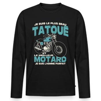 Le plus beau tatoué et le meilleur motard - T-shirt manches longues Premium bio Homme - noir - Devant - Nico (187cm)