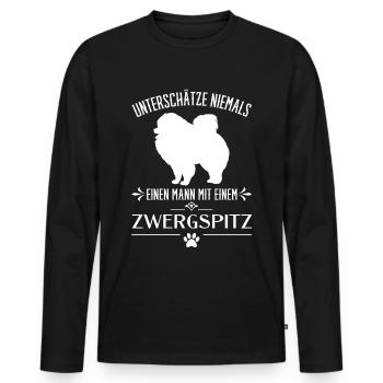 Zwergspitz - Unterschätze niemals einen Mann... - Männer Premium Bio Langarmshirt - Schwarz - Vorne - Nico (187cm)