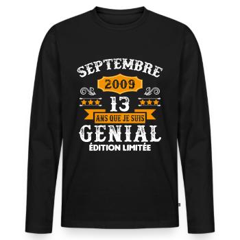 13 Ans Anniversaire Vintage Né(e) Septembre 2009 - T-shirt manches longues Premium bio Homme - noir - Devant - Nico (187cm)