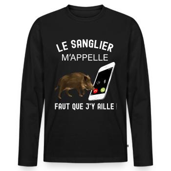 le sanglier m'appelle humour chasseur gros gibier - T-shirt manches longues Premium bio Homme - noir - Devant - Nico (187cm)