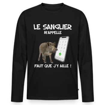 Sanglier humour pour mon chasseur préféré - T-shirt manches longues Premium bio Homme - noir - Devant - Nico (187cm)